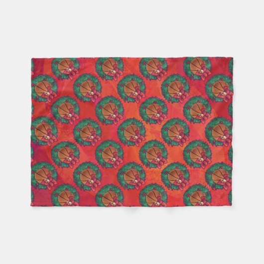 Basketball in Holly Wreater Pattern op Red Fleece Deken (Voorkant (Horizontaal))