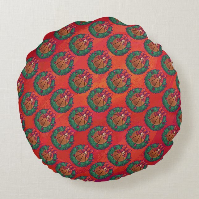 Basketball in Holly Wreater Pattern op Red Rond Kussen (Achterkant)