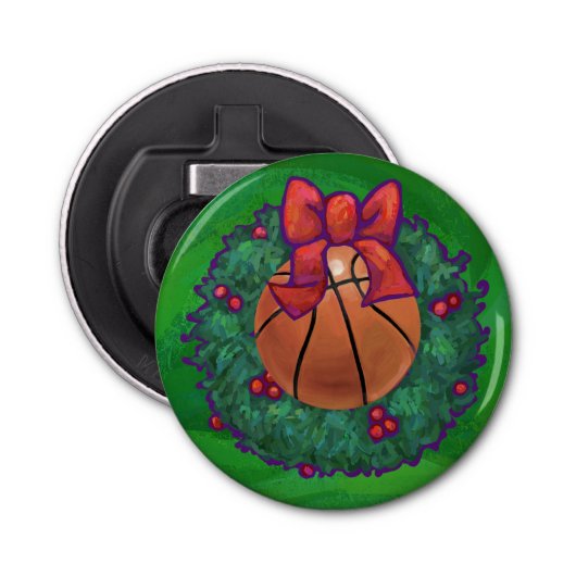 Basketball in kerstmis Wreath Button Flesopener (Voorkant)