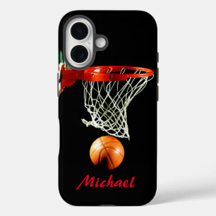 Basketball Jouw naam Black White Red iPhone 16 Hoesje