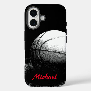 Basketball Jouw naam Black White Red iPhone 16 Hoesje