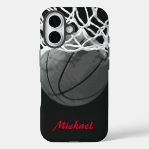 Basketball Jouw naam Black White Red iPhone 16 Hoesje