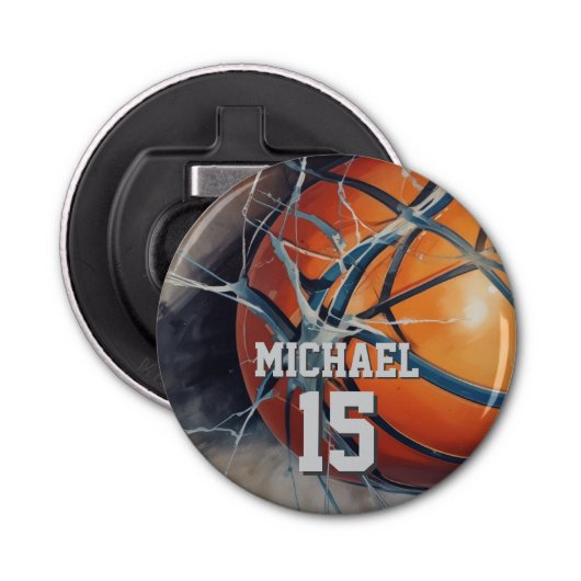 Basketball Jouw naam Button Flesopener (Voorkant)