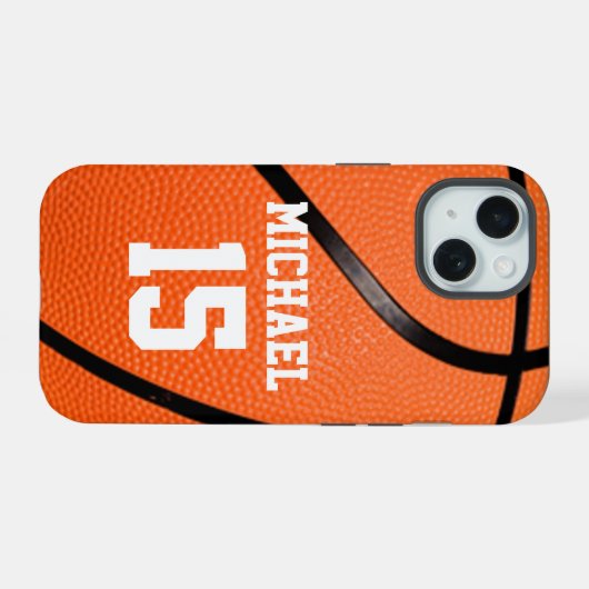 Basketball Jouw naam iPhone 15 Case (Achterkant horizontaal)