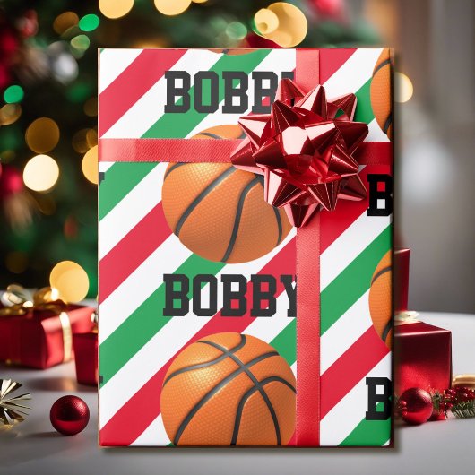 Basketball kerstbal Voeg er naam aan toe: Stripe R Cadeaupapier