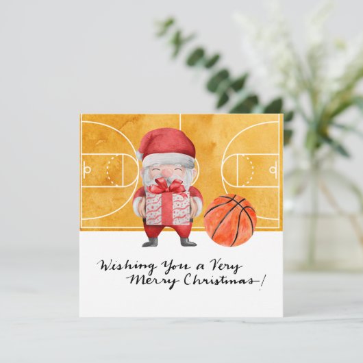 Basketball Kerstmis met Santa Claus Feestdagenkaart (Staand voorkant)