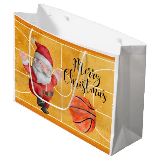 Basketball Kerstmis met Santa Claus Groot Cadeauzakje (Voorkant Gekanteld)