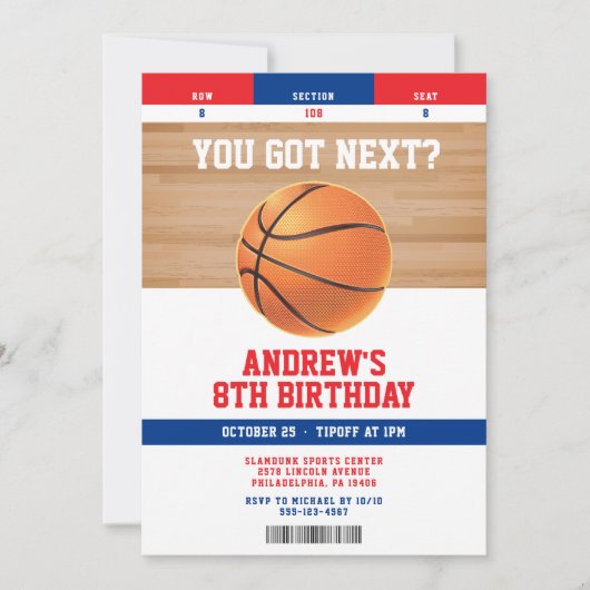 Basketball Kids Birthday Party Ticket Invitation Kaart (Voorkant)