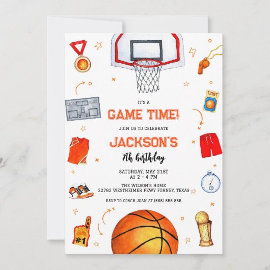 Basketball Kids Boy Birthday Party Invitation Kaart (Voorkant)