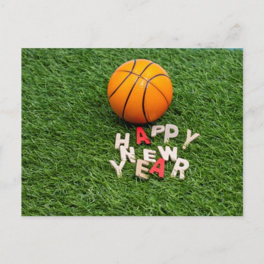 Basketball met Happy New Year wensen groen Briefkaart (Voorkant)