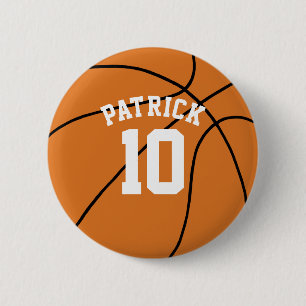 Basketball met naam en teamnummer ronde button 5,7 cm