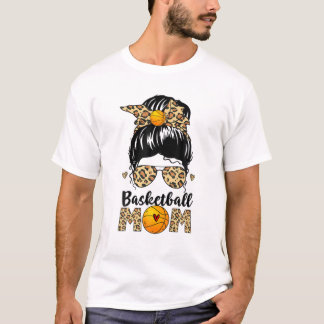 Basketball Mom Leopard Messy Bun Ball Mom Mother's T-shirt