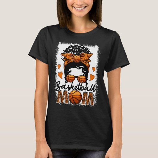 Basketball Mom Leopard Messy Bun Game Day Mother s T-shirt (Voorkant)