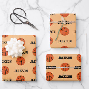 Basketball Name Pattern Kinder Sinaasappel Inpakpapier Vel