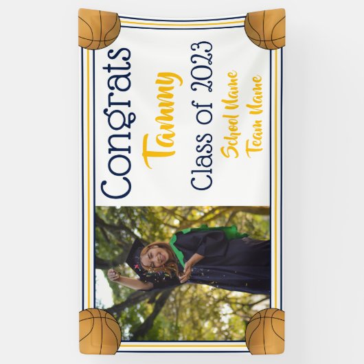 Basketball Navy & Gold One Photo Afstuderen Spandoek (Verticaal)