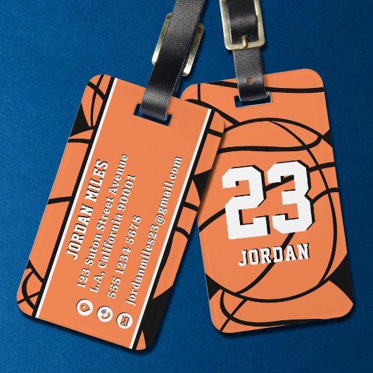 Basketball Orange Ball Custom Name & Jersey Number Bagagelabel