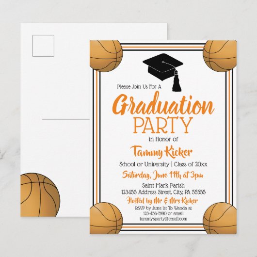 Basketball Oranje & Black Graduation Party Uitnodiging Briefkaart (Voorkant / Achterkant)