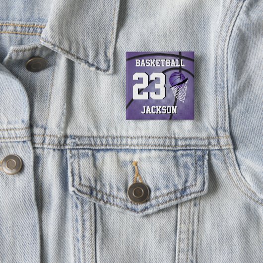 Basketball Paars en wit | Personaliseren Vierkante Button 5,1 Cm (In situ)
