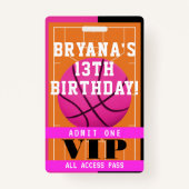 Basketball Pink Birthday Party VIP Pass Badge (Voorkant)