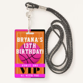 Basketball Pink Birthday Party VIP Pass Badge (Achterkant met draagriem)
