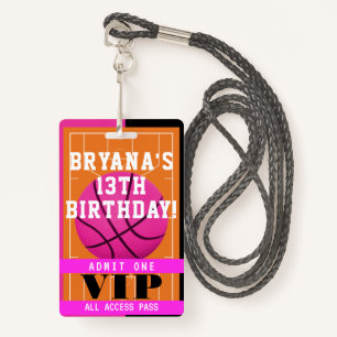 Basketball Pink Birthday Party VIP Pass Badge