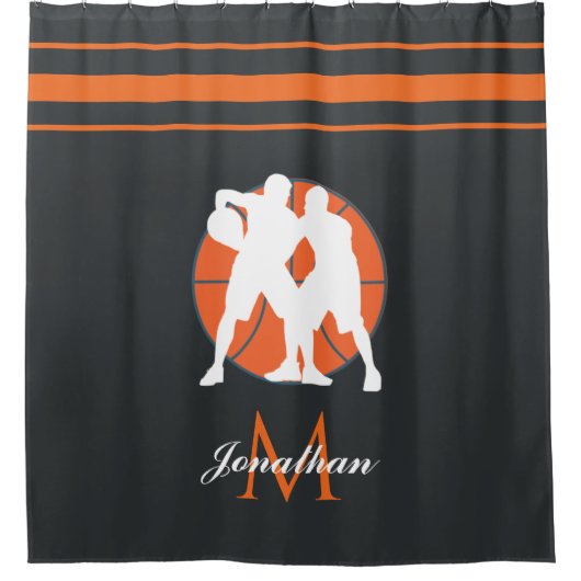 Basketball Player & Monogram Kinder naam Striped F Douchegordijn (Voorkant)