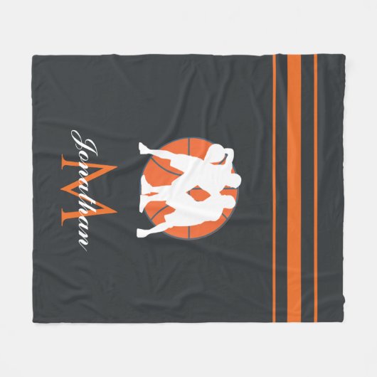 Basketball Player & Monogram Kinder naam Striped F Fleece Deken (Voorkant (Horizontaal))