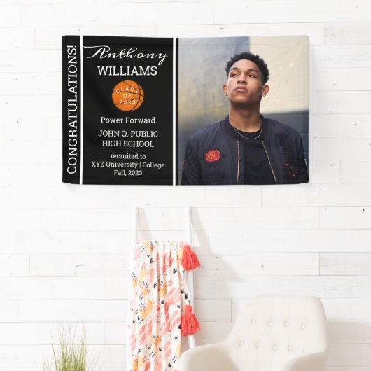 Basketball Player Photo Black | Witte Afstuderen Spandoek (Insitu)