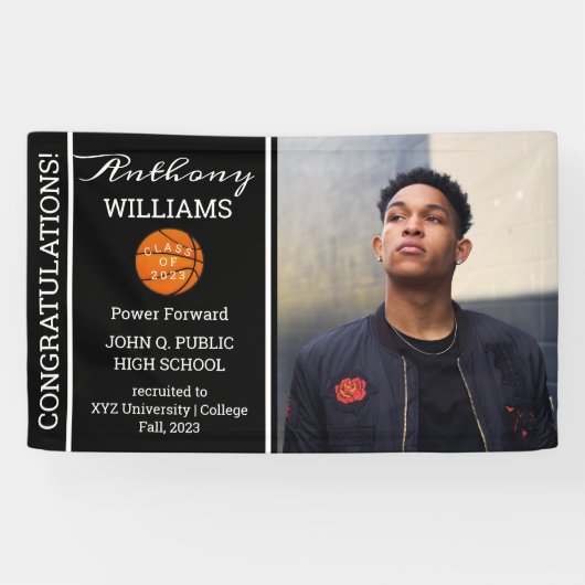 Basketball Player Photo Black | Witte Afstuderen Spandoek (Horizontaal)