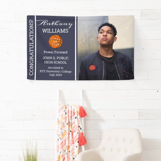 Basketball Player Photo Blue | Witte Afstuderen Spandoek (Insitu)