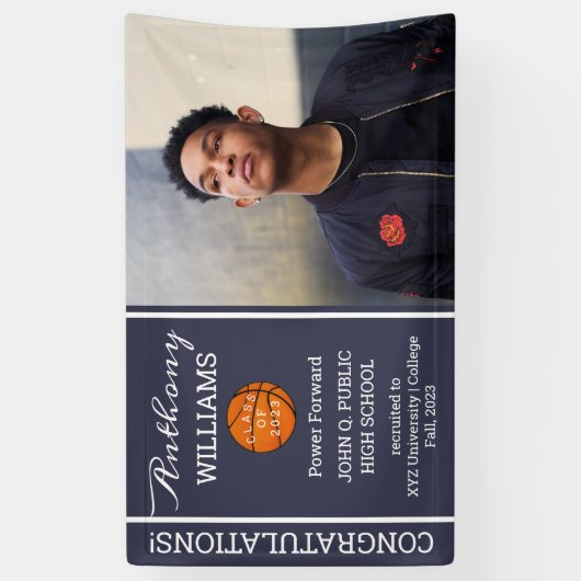 Basketball Player Photo Blue | Witte Afstuderen Spandoek (Verticaal)