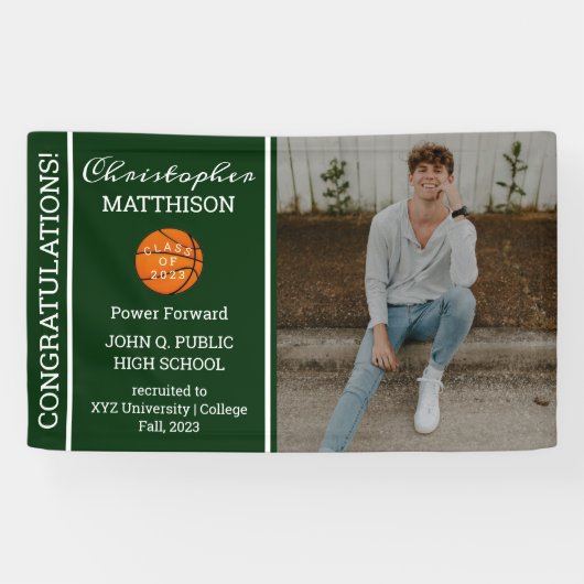 Basketball Player Photo Green | Witte Afstuderen Spandoek (Horizontaal)