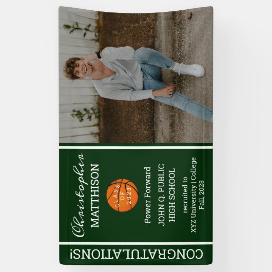 Basketball Player Photo Green | Witte Afstuderen Spandoek (Verticaal)