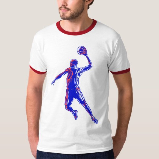 Basketball Player Slam Dunk, Red en Blue Design T-shirt (Voorkant)