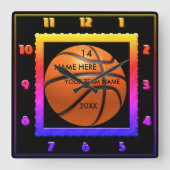 Basketball Rainbow kleurklok met afspeelnaam Vierkante Klok (Voorkant)