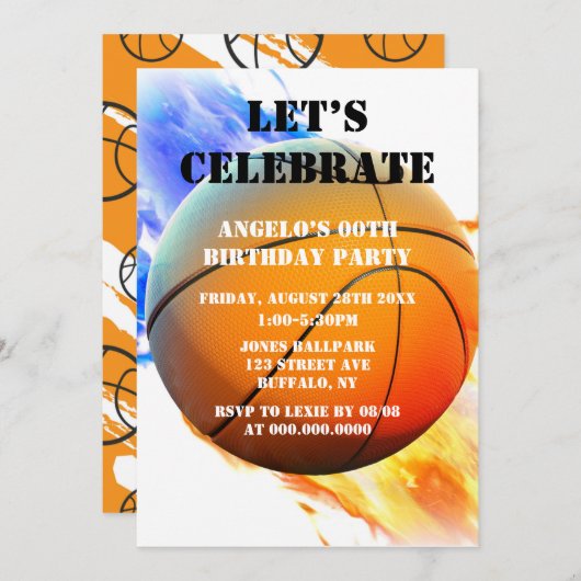 Basketball Red Blue Flames Birthday Party Invites (Voorkant / Achterkant)