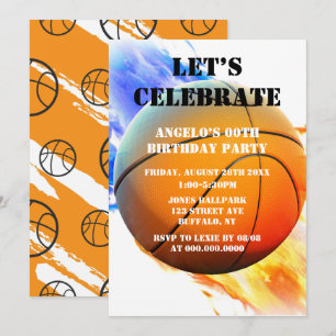 Basketball Red Blue Flames Birthday Party Invites