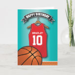 Basketball Red Jersey Sports Custom Birthday Kaart<br><div class="desc">Personalized ontvoerd basketball birthday greeting cards with a blue faded background and a red & black basketball jersey which you can personalise with the childs name and age, and a basketball at the bottom. This sports birthday card will impress the birthday kid be it your son/daughter, nephew/niece, grandson/grandaughter or friend,...</div>