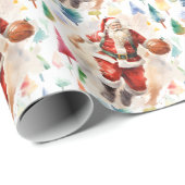 Basketball Santa Claus speelt met kerst Cadeaupapier (Rol Hoek)