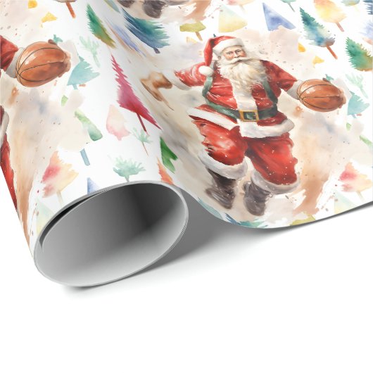 Basketball Santa Claus speelt met kerst Cadeaupapier (Rol Hoek)