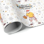 Basketball Santa Claus speelt met kerst Cadeaupapier (Rol Hoek)