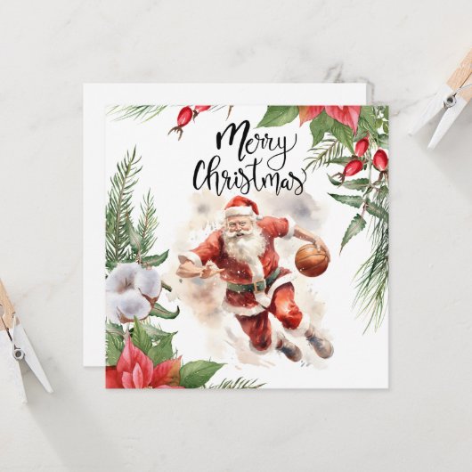 Basketball Santa Claus speelt met kerst Kaart (Voorkant / Achterkant in situ)