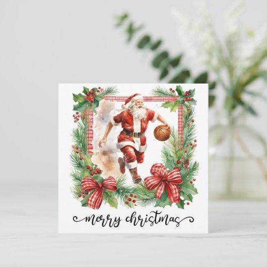 Basketball Santa Claus speelt met kerst Kaart (Staand voorkant)