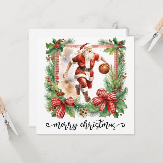 Basketball Santa Claus speelt met kerst Kaart (Voorkant / Achterkant in situ)