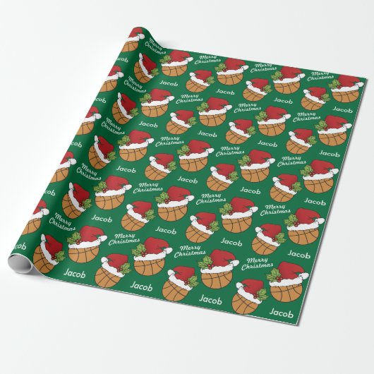 Basketball Santa Hat op groene achtergrond Wrappen Cadeaupapier (Uitgerold)