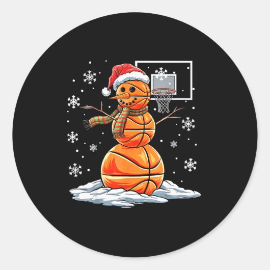 Basketball Snowman Player Santa Hat Christmas Funn Ronde Sticker (Voorkant)