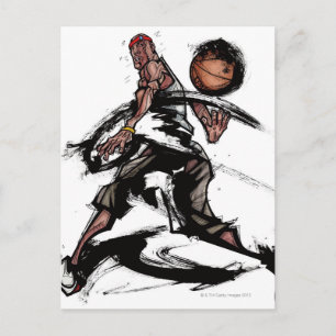 Basketball-speler die speelt met basketbal briefkaart