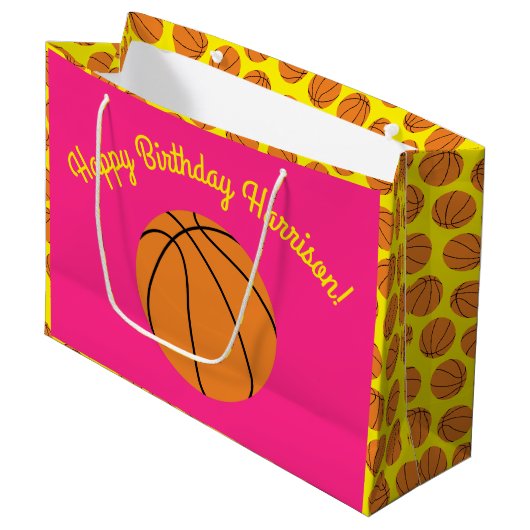 Basketball Sportpartij Birthday Pink Groot Cadeauzakje (Voorkant Gekanteld)