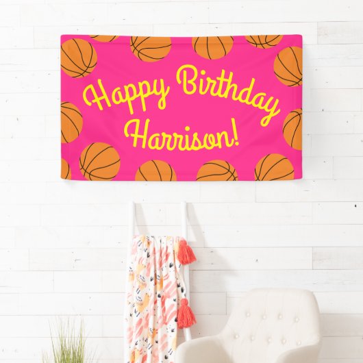 Basketball Sportpartij Birthday Pink Spandoek (Insitu)