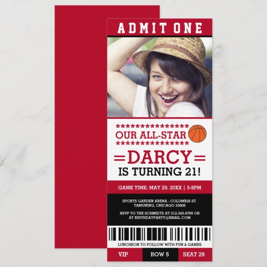 Basketball Ticket Birthday Invites Kaart (Voorkant / Achterkant)